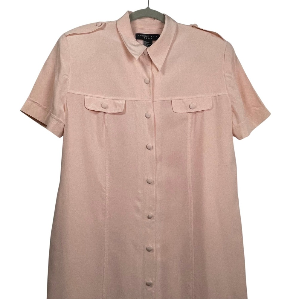 August Silk Womens Pink 100% Silk Short Sleeve Button Front Shirt Dress Size 14 - Picture 3 of 13